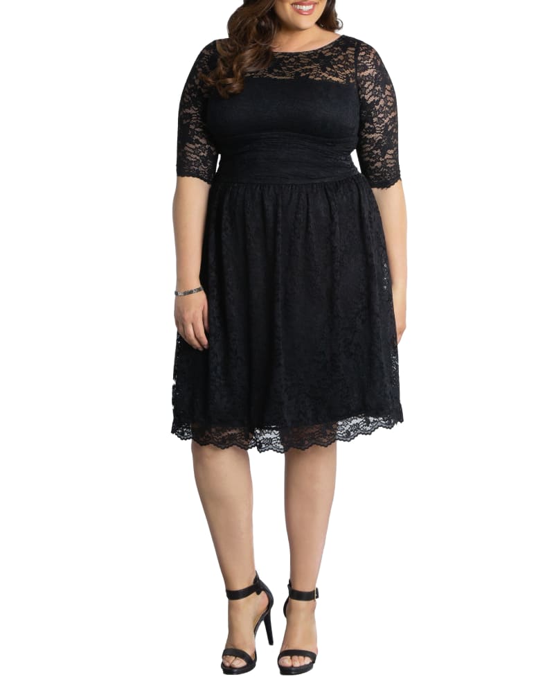 Front of a model wearing a size 0X Luna Lace Dress in ONYX by Kiyonna. | dia_product_style_image_id:279193